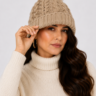 Mujer usando gorro tejido beige con diseño de trenzas y pompón de pelo sintético.