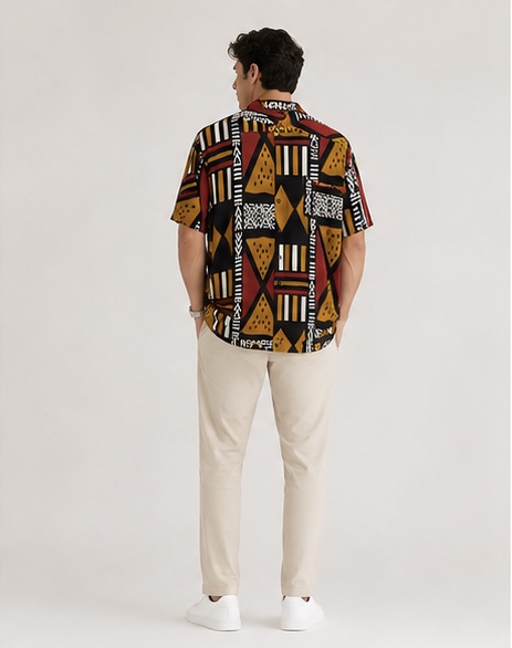 Vista posterior de camisa estampada de algodón para hombre con diseño multicolor.