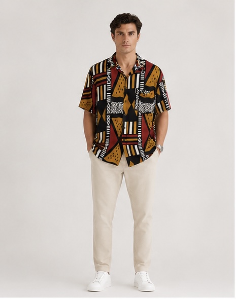 Camisa estampada de algodón para hombre con manga corta y botones frontales, vista frontal.