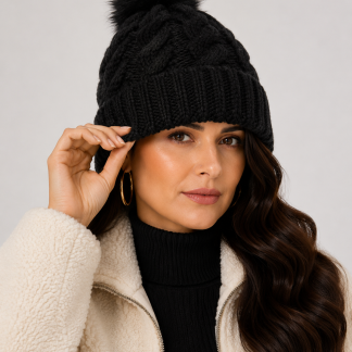 Mujer usando gorro tejido negro con diseño de trenzas y pompón de pelo sintético.