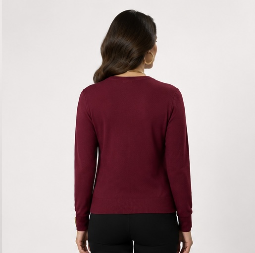 Vista posterior de cárdigan de punto fino para mujer en color burdeo.