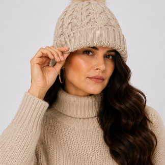 Mujer usando gorro tejido color marfil con diseño de trenzas y pompón de pelo sintético.