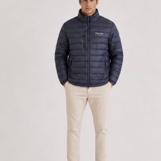 Chaqueta acolchada azul marino para hombre con cierre frontal y cuello alto, talla XL.