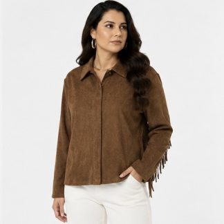 chaqueta de gamuza marron para mujer con flecos en mangas y espalda.